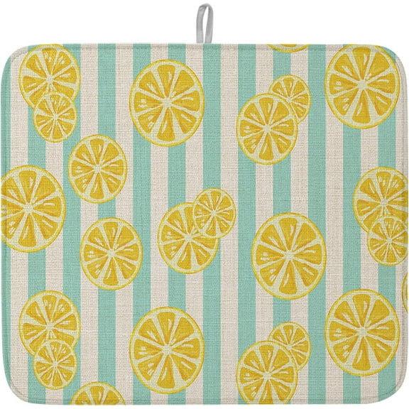 Summer Lemon Stripes Dish Drying Mats for Kitchen Counter,Vintage Fruit Cartoon Microfiber Absorbent Dish Drainer/Rack Mat,Reversible Hangding Quick Drying kitchen Mat,16x18inch Machine Washable