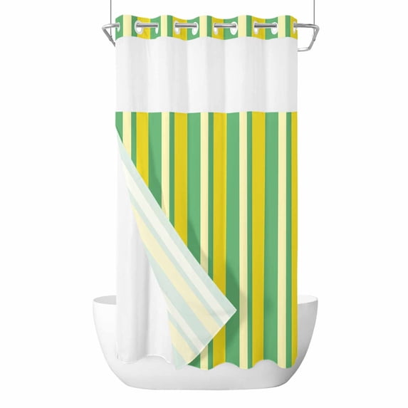 Summer Lemon Strips No Hook Shower Curtain with Snap in Liner Vintage Abstract Yellow Green Stripe Waterproof Bathroom Shower Curtain with See Through Top Window for Bathtub 36" x 72"
