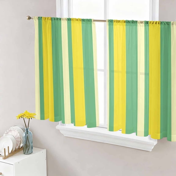 Summer Lemon Strips Sheer Curtains for Living Room Bedroom, Vintage Abstract Yellow Green Stripe Light Filtering Sheer Curtain Rod Pocket Voile Window Treaments Drapes, 52 x 54 Inches