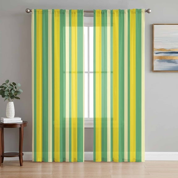 Summer Lemon Strips Sheer Curtains for Living Room Bedroom, Vintage Abstract Yellow Green Stripe Light Filtering Sheer Curtain Rod Pocket Voile Window Treaments Drapes, 52 x 96 Inches
