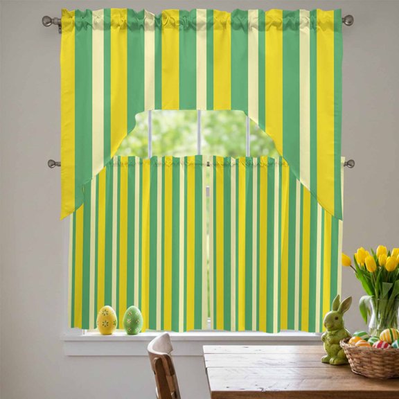 Summer Lemon Strips Swag Curtains Valance & Tier Set, Vintage Abstract Yellow Green Stripe 3 Pcs Set Kitchen Swag Valances and Tiers 36 Inch Length Rod Pocket Curtain Drapes for Bedroom