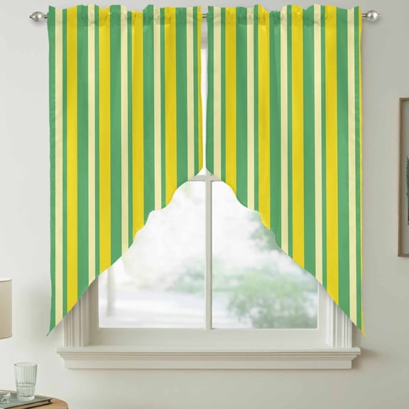Summer Lemon Strips Swag Kitchen Curtain Valances, Vintage Abstract Yellow Green Stripe Rod Pocket Curtains Window Treatment Decor Valances for Bedroom Bathroom, 2 Panels 36 x 36 Inch