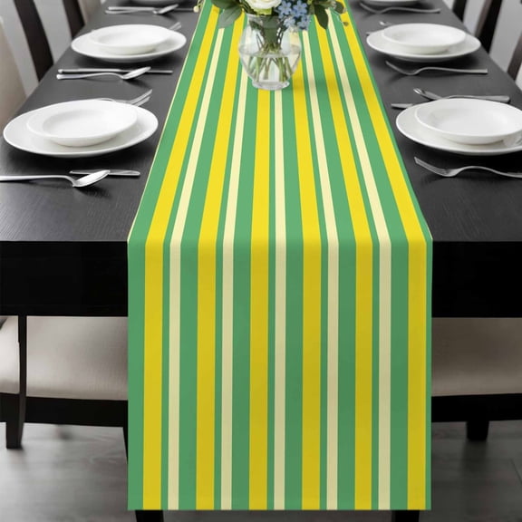 Summer Lemon Strips Table Runner, Vintage Abstract Yellow Green Stripe Washable Cotton-linen Table Runners Dining Kitchen Decoration for Everyday Home Wedding Party Decor, 13 x 72 Inch