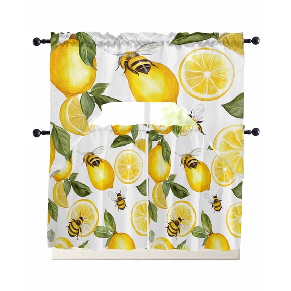 Summer Lemon Swag Curtains for Living Room/Bedroom Windows, Bee Green Botanical Yellow Fruits Kitchen Curtains and Valances Set 36 Inch Length, Light Filtering Swags Valance Curtain Panels