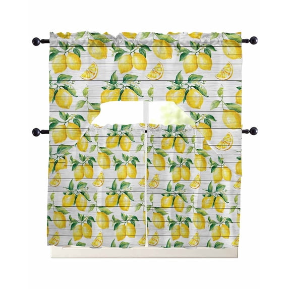 Summer Lemon Swag Kitchen Curtains Sets for Windows 24 Inch Length, Yellow Fruit Farm Vintage White Wood Grain Short Window Curtain Panels Swags Valances and Tiers 3 Piece Set for Cafe/Dining Room