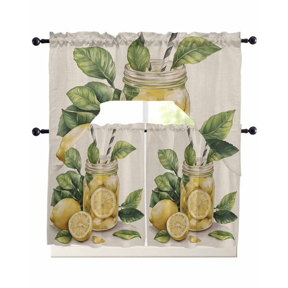 Summer Lemon Swag Kitchen Curtains Sets for Windows 24 Inch Length, Yellow Fruits Green Leaf Vase Vintage Short Window Curtain Panels Swags Valances and Tiers 3 Piece Set for Cafe/Dining Room