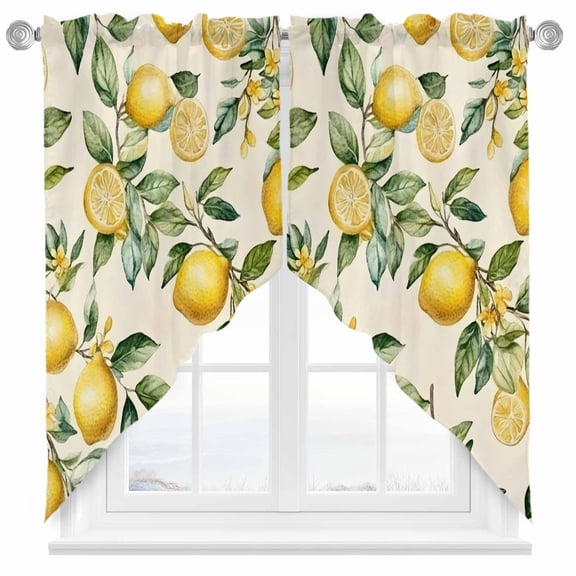 Summer Lemon Swag Valances for Windows 2 Pack Yellow Flower Leaves Beige Swag Kitchen Curtains 36 Inches Long Rod Pocket Short Window Treatment for Kitchen Bathroom 36"x36"