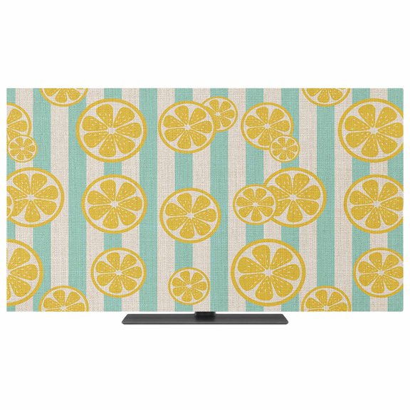 Summer Lemon TV Dust Cover,Stretchable TV Screen Desktop Computer Protector Cover,Farmhouse Green Stripes Yellow Fruit Television Dustproof Slipcover Indoor Outdoor for 19–24 Inch Flat or Curved TVs
