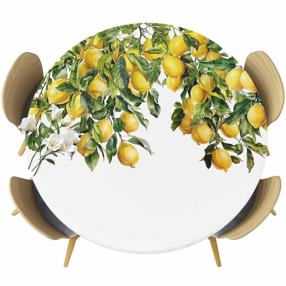 Summer Lemon Table Cloth, Round Fitted Tablecloths with Elastic Edge, Green Botancial Summer Yellow Fruits Wipeable Waterproof Table Cover for Kitchen Wedding 36-44 Inches