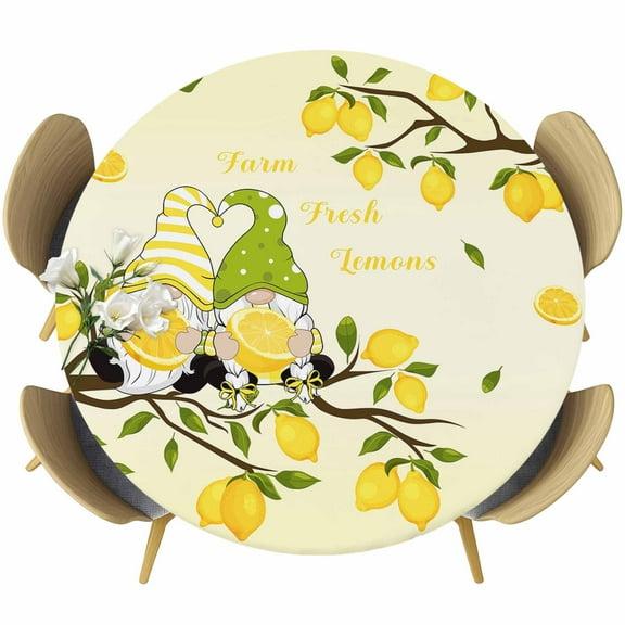 Summer Lemon Table Cloth, Round Fitted Tablecloths with Elastic Edge, Yellow Ombre Gnomes Farm Lemon Tree Wipeable Waterproof Table Cover for Kitchen Wedding 55-60 Inches