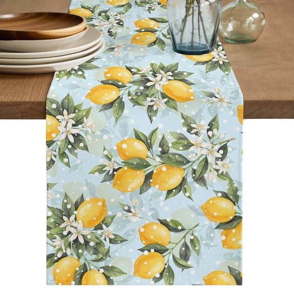 Summer Lemon Table Runner 108 Inches, Tropical Botanical Leaves Light Blue Bed Runner Dresser Scarves Tabletop for Indoor Outdoor Parties/Ceremony/Banquet, 13"x 108"