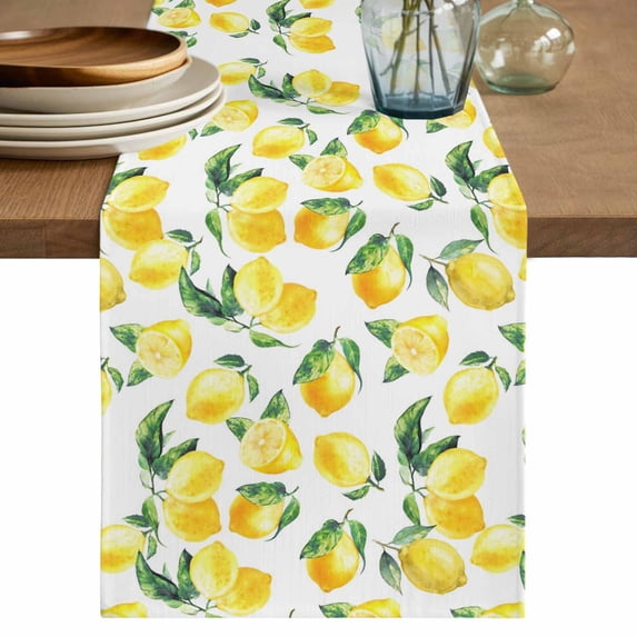 Summer Lemon Table Runner 70 Inches, Green Botanical Yellow Fruits Bed Runner Dresser Scarves Tabletop for Indoor Outdoor Parties/Ceremony/Banquet, 13" x 70"