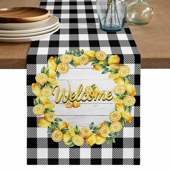 Summer Lemon Table Runner 72 Inches, Farmhouse Yellow Fruit Plaid Wooden Grain Bed Runner Dresser Scarves Tabletop for Indoor Outdoor Parties/Ceremony/Banquet, 14" x 72"