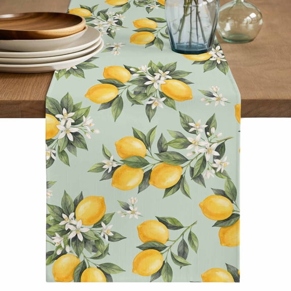 Summer Lemon Table Runner 72 Inches, Tropical Botanical Leaves Light Green Bed Runner Dresser Scarves Tabletop for Indoor Outdoor Parties/Ceremony/Banquet, 14" x 72"