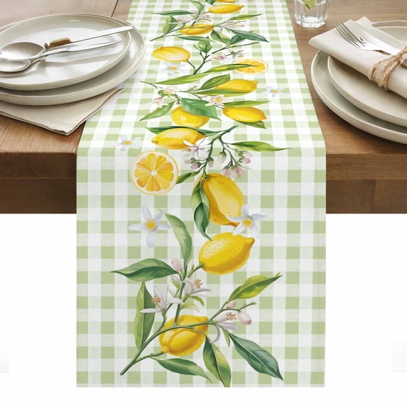 Summer Lemon Table Runner - 90 Inch Long, Kitchen Dining Table Runner Dresser Scarves, Country Botanical Fruit Green White Check Farmhouse Decor for Coffee Tables Wedding Party Banquet