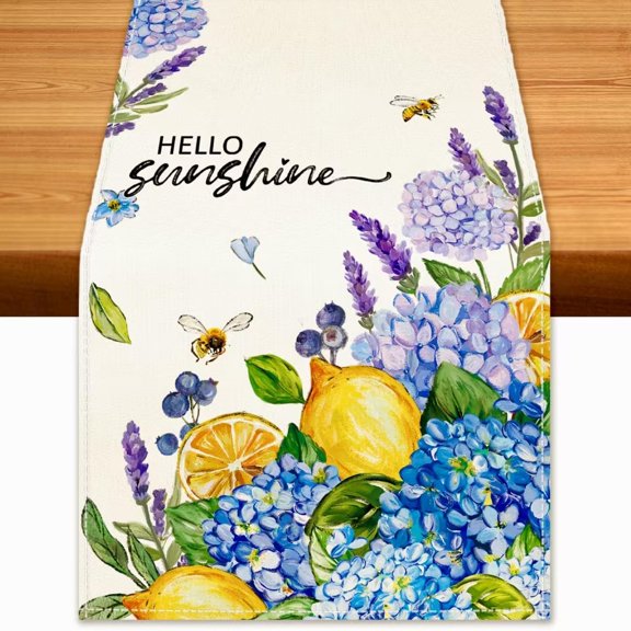 Summer Lemon Table Runner Blue Hydrangeas Burlap Table Runners, Spring Hello Sunshine Holiday Seasonal Coffee Table Center Decor for Home Kitchen Dining Party Indoor Outdoor 13x36 Inch