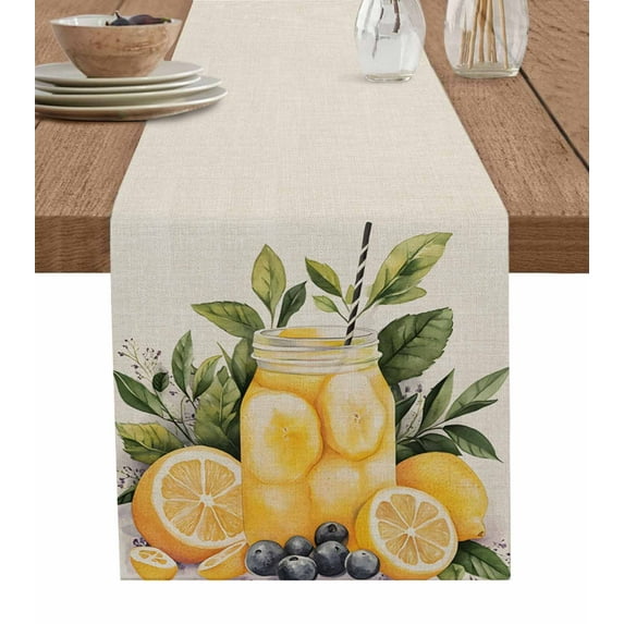 Summer Lemon Table Runner Cotton Linen 90 Inch Holiday Dresser Scarves, Yellow Fruits Grape Green Leaf Vase Tablerunner for Kitchen Coffee Dining Bedroom Living Room Dinner Scarf Décor 13''x90''