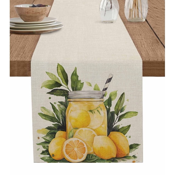 Summer Lemon Table Runner Cotton Linen 90 Inch Holiday Dresser Scarves, Yellow Fruits Green Leaf Vase Retro Tablerunner for Kitchen Coffee Dining Bedroom Living Room Dinner Scarf Décor 13''x90''
