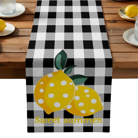 Summer Lemon Table Runner, Fruit Sweet Summer Black White Plaid Washable Kitchen Table Runners Dress Scarves for Dining Table Decorations Party, 13x36in