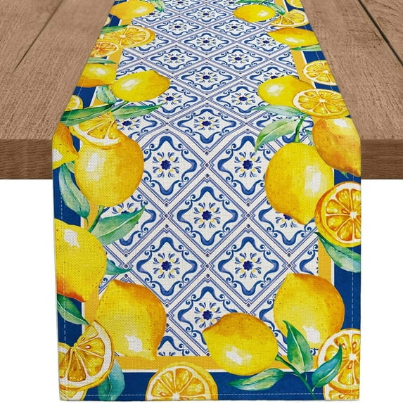 Summer Lemon Table Runner Navy Blue Tile Burlap Artificial Lemon Fruit Table Runners Farmhouse Coffee Table Center Decor for Home Kitchen Dining Room Party Patio Indoor Outdoor 13x90 Inch