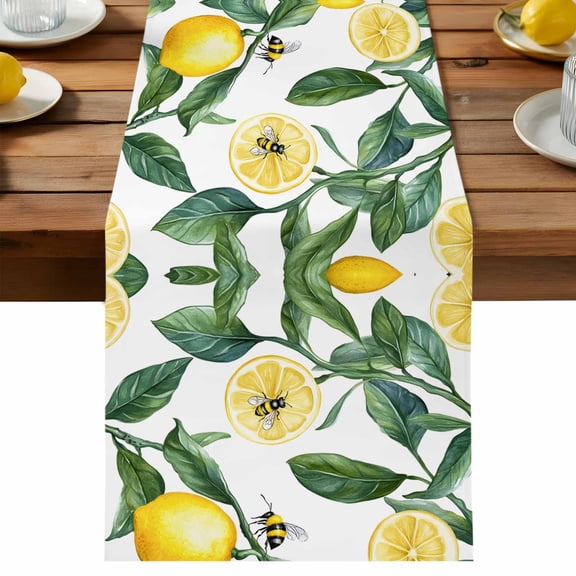 Summer Lemon Table Runner, Slice Bee Sage Green Leaves Cotton Linen Table Cloth, Tablerunner for Kitchen Dining Party Wedding Home Decor 13x36 Inch