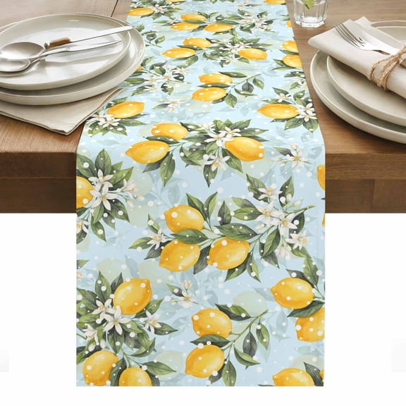 Summer Lemon Table Runner Tropical Botanical Leaves Light Blue Tablerunners 13 x 108 Inch, Table Decorations Tabletop Scarf for Summer Gathering Holiday Farmhouse Kitchen Dining Decor