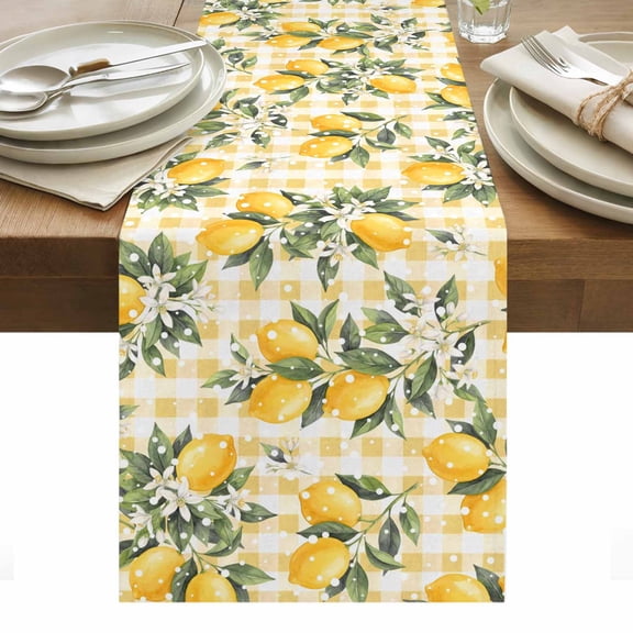 Summer Lemon Table Runner Tropical Botanical Leaves Yellow Plaid Tablerunners 13 x 60 Inch, Table Decorations Tabletop Scarf for Summer Gathering Holiday Farmhouse Kitchen Dining Decor