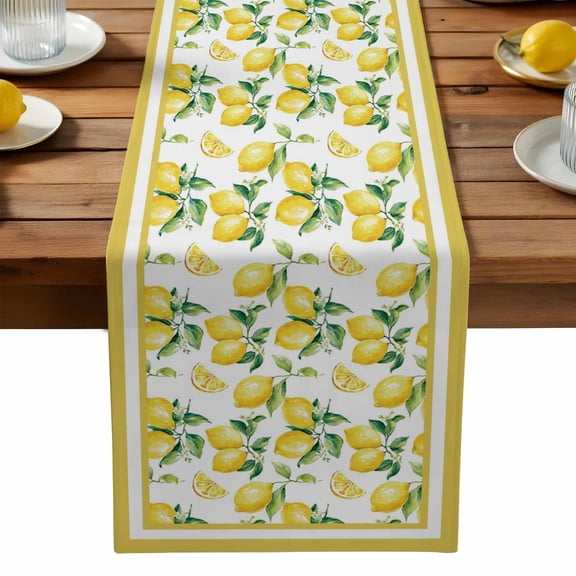 Summer Lemon Table Runner, Watercolor Fruit Leaf Yellow Edge Washable Kitchen Table Runners Dress Scarves for Dining Table Decorations Party, 13x36in