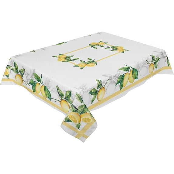 Summer Lemon Tablecloth Rectangle/Oval Leaf Yellow Lines Tablecloths Waterproof Table Cloth for Kitchen Indoor Stainproof Table Cover for Dining/Party Decoration 60x102in