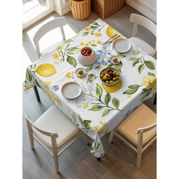 Summer Lemon Tablecloth Square Table Cloth 54x54,Waterproof Outdoor Table Cloth Covers Decorative Table Protector ,Yellow Fruits Botanical Spring Floral Washable Table Cover for Kitchen Dinning Party