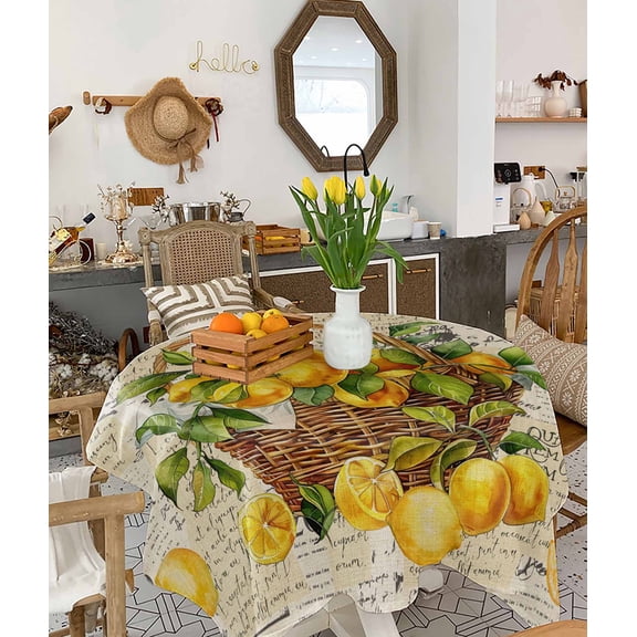 Summer Lemon Tablecloth Square Table Cloth 54x54, Waterproof Tablecloth Outdoor Table Cloth, Watercolor Yellow Fruits Botanical Vintage Washable Table Cover for Kitchen Dining Party