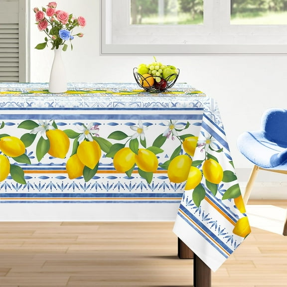 Summer Lemon Tablecloth Waterproof, Floral Table Cloth Rectangle Stain Resistant, Washable Table Cover for Home Kitchen Dining Party Decoration (60×120 Inch)