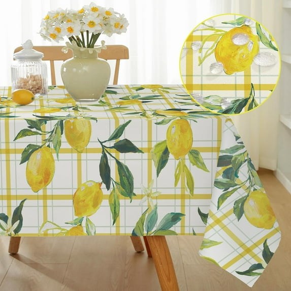 Summer Lemon Tablecloth, Yellow Buffalo Plaid Table Cloth, Washable Water Resistant Vintage Pattern Table Cover for Indoor & Outdoor Party Picnic Dinner Decor, 60" x 84", Rectangle