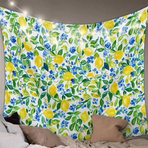 Summer Lemon Tapestry for Bedroom Wall Hanging Tapestry, Green Botanical Blue Flowers Ceiling Backdrop Tapestries Poster Blanket Wall Decor for Teens Room Living Room Dorm 39" x 59"