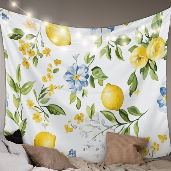 Summer Lemon Tapestry for Bedroom Wall Hanging Tapestry, Yellow Fruits Botanical Spring Floral Ceiling Backdrop Tapestries Poster Blanket Wall Decor for Teens Room Living Room Dorm 59" x 90"