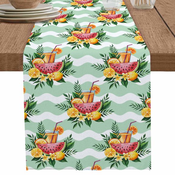 Summer Lemon Tea Watermelon Leaves Table Runner-36 Inch Long Green Water Ripple Table Runners Linen Burlap Tablerunner for Kitchen Dining Room Holiday Party