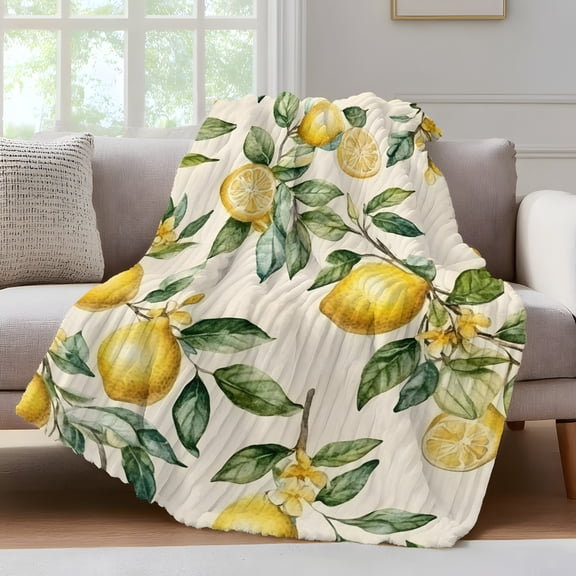 Summer Lemon Throw Blanket for Couch Yellow Flower Leaves Beige Soft and Warm Flannel 3D Striped Fluffy Fuzzy Fleece Blanket Lightweight Throw for Bed, Sofa 50 x 60 Inches