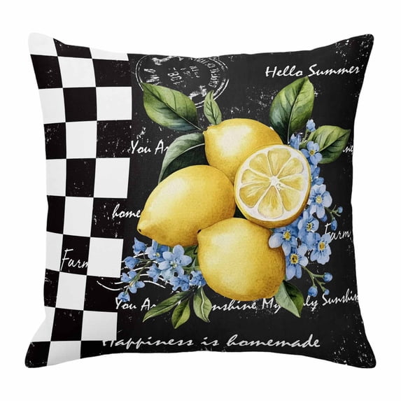 Summer Lemon Throw Pillow Cover Farm Fruit Floral Leaf Black White Plaid Retro Cotton Linen Cushion Cover Throw Pillow Case with Invisible Zipper for Couch Sofa Bed Chair Car 24x24 Inch