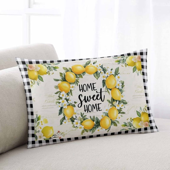 Summer Lemon Throw Pillow Covers, Yellow Botanical Checkered Farmhouse Buffalo Soft Breathable Pillow Cases with Zipper for Sleeping, Standard Pillowcases for Couch Bed Sofa Chair 20x26 Inches