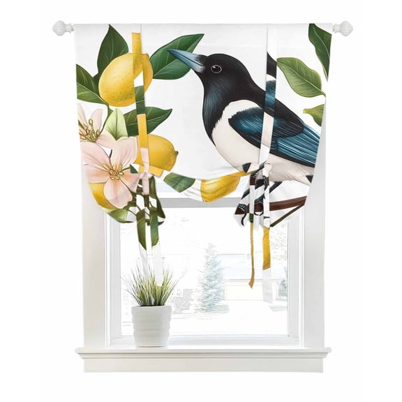 Summer Lemon Tie Up Curtains for Window, Thermal Insulated Balloon Shade Adjustable Rod Pocket Curtains Valance Panels for Kitchen Bathroom Cafe 52 x 45 Watercolor Birds Vintage
