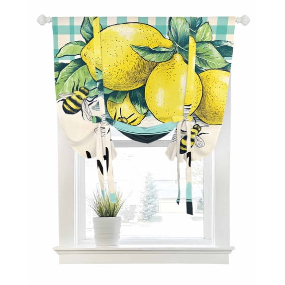 Summer Lemon Tie Up Curtains for Window, Thermal Insulated Balloon Shade Adjustable Rod Pocket Curtains Valance Panels for Kitchen Bathroom Cafe 52 x 63 Spring Bees Turquoise Plaid