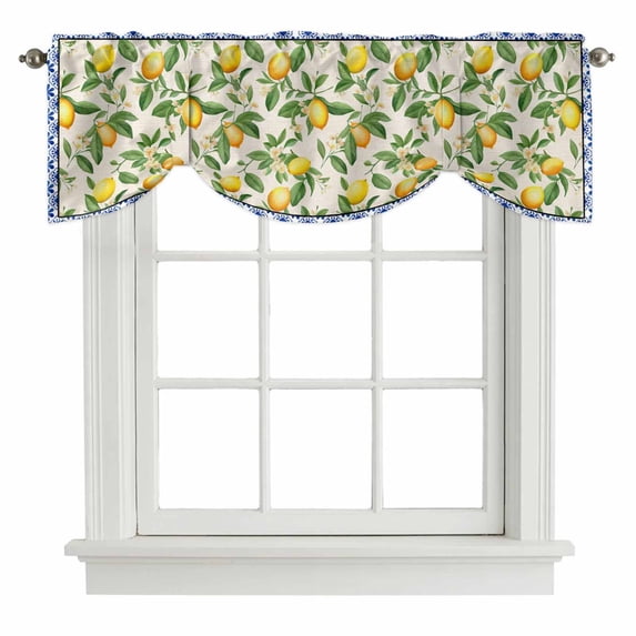 Summer Lemon Tie Up Valance Curtains for Windows, Kitchen Curtains Window Shades, Green Botanical Watercolor Fruits Blue Light Filtering Roman Curtain Valances for Bedroom/Bathroom/Cafe 60"x18"