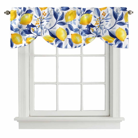 Summer Lemon Tie Up Valance Curtains for Windows, Kitchen Curtains Window Shades, Watercolor Yellow Blue Garden Floral Light Filtering Roman Curtain Valances for Bedroom/Bathroom/Cafe 42"x18"