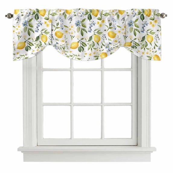 Summer Lemon Tie Up Valance Curtains for Windows, Kitchen Curtains Window Shades, Yellow Botanical Spring Floral Blue Light Filtering Roman Curtain Valances for Bedroom/Bathroom/Cafe 60"x18"