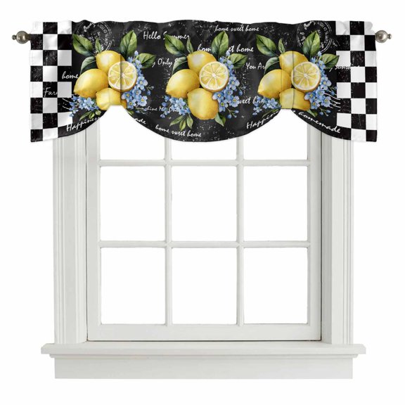 Summer Lemon Tie Up Window Valance Farm Fruit Floral Leaf Black White Plaid Retro Tie-up Valance for Kitchen Windows Adjustable Small Curtain Balloon Shades for Kitchen Bathroom Cafe 42x12inch