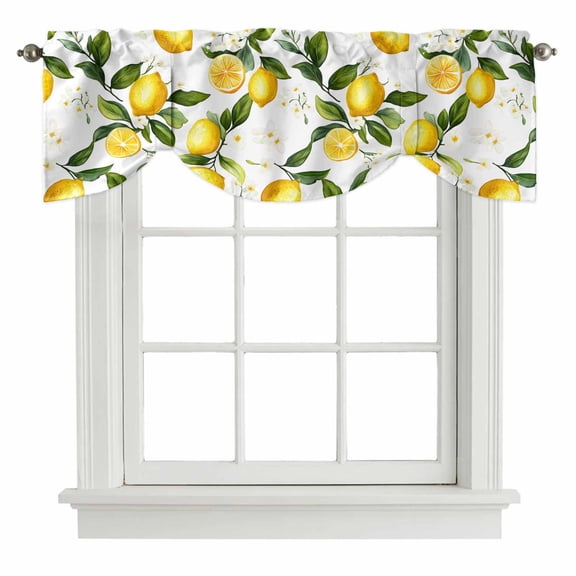 Summer Lemon Tie Up Window Valance Leaf Yellow Fruit Countryside Watercolor Flower Tie-up Valance for Kitchen Windows Adjustable Small Curtain Balloon Shades for Kitchen Bathroom Cafe 42x12inch