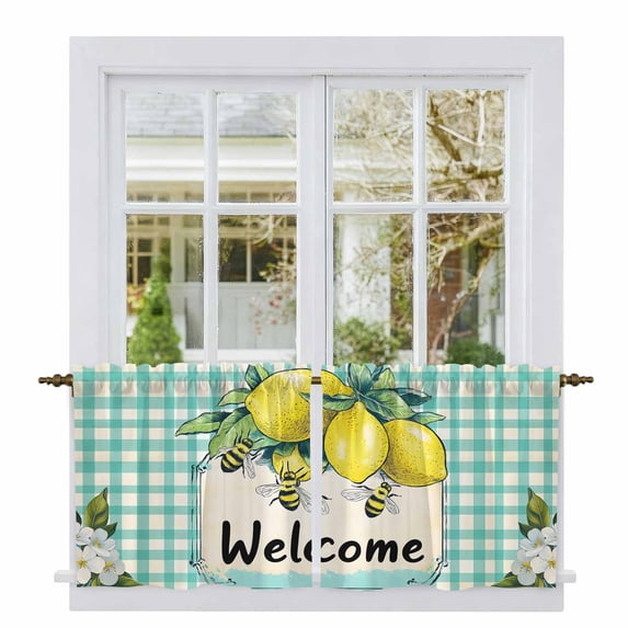 Summer Lemon Tier Curtains, Spring Bees Turquoise Plaid Light Filtering Kitchen Curtains, 2Pcs Rod Pocket Half Window Treatments Panels for Sink Cafe Cabinet Camper 27.5x36 Inches