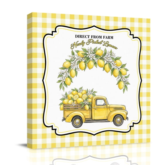 Summer Lemon Truck Canvas Wall Art for Living Room, Direct From Farm Country Watercolor Yellow Plaid Poster Print Painting for Bedroom Office Home Decoration Wall Pictures Prepare To Hang 8"x8"
