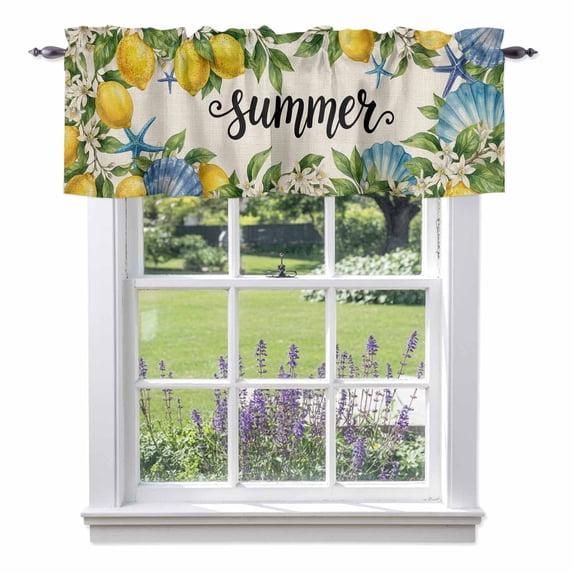 Summer Lemon Valance Curtain Oceans Blue Shells Starfish Flower Linen Texture Window Valances Rod Pocket Short Curtains Window Treatments for Kitchen Bedroom Bathroom Laundry 42" x 18"
