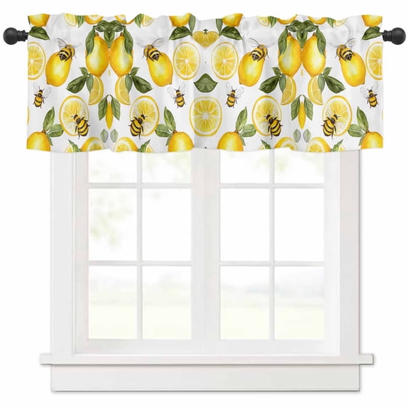 Summer Lemon Valances for Windows Farmhouse Kitchen Curtains Valances Rod Pocket Valance Curtains for Kitchen Windows Bee Green Botanical Yellow Fruits Window Valances for Bathroom Bedroom 42"x12"